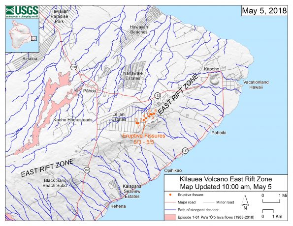 This map shows the locations of eruptive fissures in the order that they occurred in the Leilani Estates Subdivision as of 10 a.m. HST today (May 5). The blue lines are paths of steepest descent that identify likely paths of a lava flow, if and when lava moves downhill from an erupting vent. The paths of steepest-descent were calculated from a 1983 digital elevation model (DEM) of the Island of Hawai‘i, created from digitized contours. Steepest-descent path analysis is based on the assumption that the DEM perfectly represents the earth's surface. DEMs, however, are not perfect, so the blue lines on this map can be used to infer only approximate lava-flow paths. The base shaded-relief map was made from the 1983 10-m (DEM). For additional explanation of steepest descent paths, see http://pubs.usgs.gov/of/2007/1264. For calculation details, ESRI shapefiles, and KMZ versions of steepest descent paths, see https://www.sciencebase.gov/catalog/item/57fd072ee4b0824b2d130eb5.