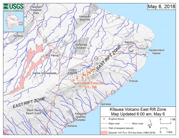 This map shows the locations of eruptive fissures on Kīlauea Volcano's East Rift Zone in the order that they occurred in the Leilani Estates Subdivision as of 6:00 a.m. HST today (May 6). The blue lines are paths of steepest descent that identify likely paths of a lava flow, if and when lava moves downhill from an erupting vent. The paths of steepest-descent were calculated from a 1983 digital elevation model (DEM) of the Island of Hawai‘i, created from digitized contours. Steepest-descent path analysis is based on the assumption that the DEM perfectly represents the earth's surface. DEMs, however, are not perfect, so the blue lines on this map can be used to infer only approximate lava-flow paths. The base shaded-relief map was made from the 1983 10-m (DEM). For additional explanation of steepest descent paths, see http://pubs.usgs.gov/of/2007/1264. For calculation details, ESRI shapefiles, and KMZ versions of steepest descent paths, see https://www.sciencebase.gov/catalog/item/57fd072ee4b0824b2d130eb5.