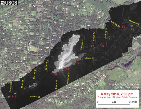 This thermal map clearly shows the ‘a‘ā flow spreading northward (top) from fissure 8 during an overflight of the area this afternoon. The black and white area is the extent of the thermal map. Temperature in the thermal image is displayed as gray-scale values, with the brightest pixels indicating the hottest areas (whitish areas show the active lava flow). The gray linear features are the other fissures (numbered in red color) that have erupted thus far in the sequence. The thermal map was constructed by stitching many overlapping oblique thermal images collected by a handheld thermal camera during a helicopter overflight of the flow field. The base is a copyrighted color satellite image (used with permission) provided by Digital Globe.