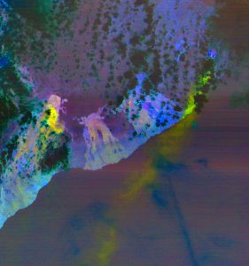 ASTER image acquired May 6, 2018 picks up hotspots on the thermal infrared bands - shown in yellow. These hotspots are newly formed fissures and lava flows.