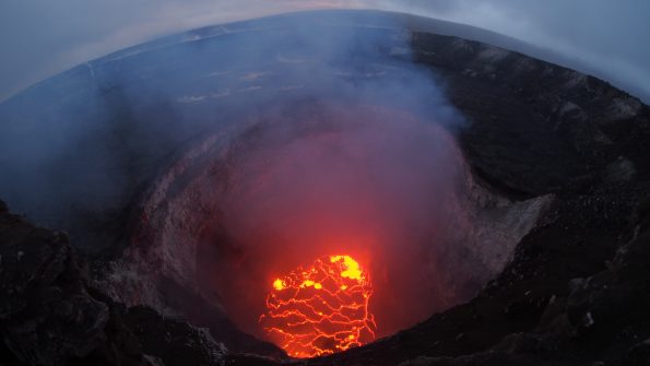 The summit lava lake has dropped significantly over the past few days, and this evening was roughly 220 m below the crater rim. This very wide angle camera view captures the entire north portion of the Overlook crater. Photo taken Sunday, May 6, 2018 courtesy of U.S. Geological Survey