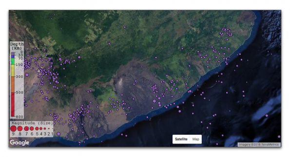 Earthquakes with a magnitude of 2 or greater from May 4-11, 2018. Map courtesy IRIS/Google Maps/Google Earth