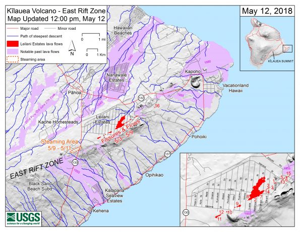 Main map shows the location of fissure 16, as well as earlier fissures, lava flows, and steaming areas, as of 12:00 p.m. HST, May 12. Inset map shows fissures in Leilani Estates in the order they occurred since May 3. Shaded purple areas indicate lava flows erupted in 1840, 1955, 1960, and 2014-2015.