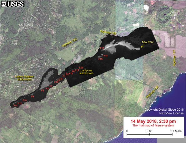 This thermal map shows the fissure system during an overflight of the area this afternoon (the western part of the thermal map, in Leilani Estates, was based on a May 9 overflight, and fissure activity in that region has not changed since that time). Fissure 17 was producing a lava flow extending about 1.7 km (1.1 miles) from the fissure. The black and white area is the extent of the thermal map. Temperature in the thermal image is displayed as gray-scale values, with the brightest pixels indicating the hottest areas. The thermal map was constructed by stitching many overlapping oblique thermal images collected by a handheld thermal camera during a helicopter overflight of the flow field. The base is a copyrighted color satellite image (used with permission) provided by Digital Globe.
