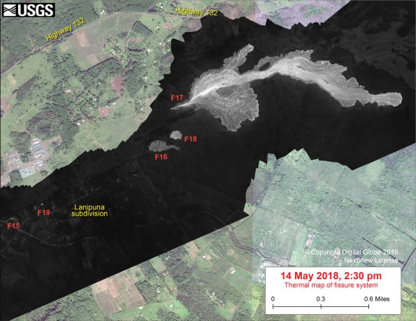 This thermal map shows a close up of the northeastern end of the fissure system. Fissure 17 was producing a lava flow extending about 1.7 km (1.1 miles) from the fissure. The black and white area is the extent of the thermal map. Temperature in the thermal image is displayed as gray-scale values, with the brightest pixels indicating the hottest areas. The thermal map was constructed by stitching many overlapping oblique thermal images collected by a handheld thermal camera during a helicopter overflight of the flow field. The base is a copyrighted color satellite image (used with permission) provided by Digital Globe.