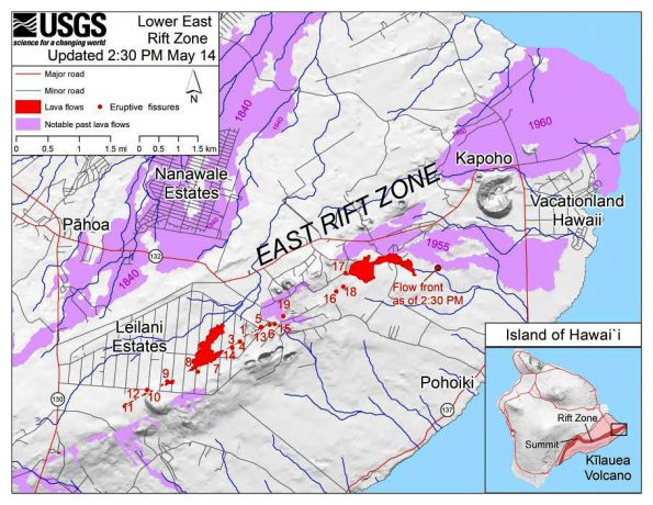 Map as of 2:30 p.m. HST, May 14, shows the location of fissure 17, which opened yesterday morning at approximately 4:30 a.m. HST., and the area covered by an ‘a‘ā flow since then. The flow front as of 2:30 p.m. is shown by the small red circle with label. The flow is following well a path of steepest descent (blue line), immediately south of the 1955 ‘a‘ā flow boundary. Shaded purple areas indicate lava flows erupted in 1840, 1955, 1960, and 2014-2015.
