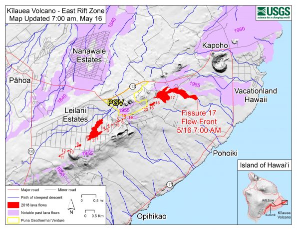 Map shows the location of the lava flow spreading from fissure 17 as of 7:00 a.m. HST, May 16. The flow is following a path of steepest descent (blue line) south of a 1955 'a'ā flow. Shaded purple areas indicate lava flows erupted in 1840, 1955, 1960, and 2014-2015.