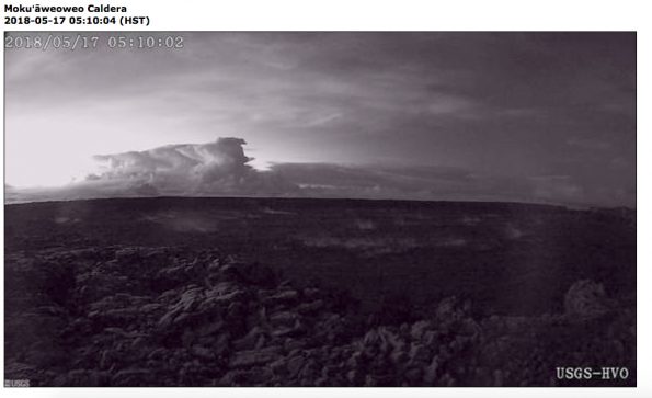 View of this morning's eruption plume from the Overlook crater nearly an hour after the event started. This image is from the webcam located on the north rim of Moku‘āweoweo Caldera near the summit of Mauna Loa Volcano. This image was recorded at 5:10 a.m. HST. At about 04:15 a.m. HST, an explosion from the Overlook crater at Kīlauea Volcano's summit produced an eruption column that reached at least 30,000 ft. above sea level. The plume was blown by wind toward the northeast. This resulted in ash fall at the Hawaiian Volcano Observatory, and nearby Volcano Village and the Volcano Golf and Country Club Subdivsion. Webcam image taken Thursday, May 17, 2018 courtesy of U.S. Geological Survey