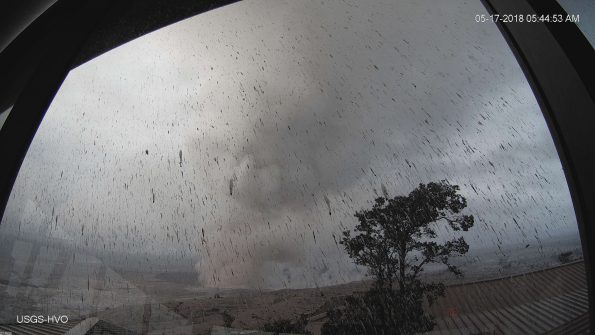 Panorama of Halemaʻumaʻu Overlook Vent Wide Angle from HVO Observation Tower at 5:44 a.m. HST Thursday, May 17, 2018. Photo taken Thursday, May 17, 2018 courtesy of U.S. Geological Survey