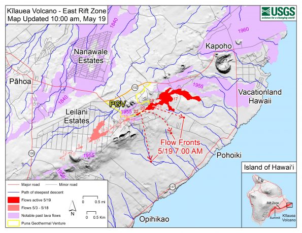 Map as of 10:00 am HST, May 19. Shaded purple areas indicate lava flows erupted in 1840, 1955, 1960, and 2014-2015.