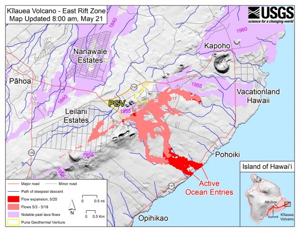 Map as of 8:00 am HST, May 21. Shaded purple areas indicate lava flows erupted in 1840, 1955, 1960, and 2014-2015.