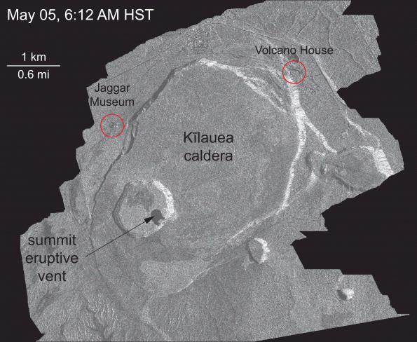 This animated GIF shows a sequence of radar amplitude images that were acquired by the Italian Space Agency's Cosmo-SkyMed satellite system. The series shows changes to the caldera area of Kīlauea Volcano that occurred over May 5 at 6:12 a.m. HST, May 17 at 6:12 a.m. HST, and May 21 at 6:12 a.m. HST. The satellite transmits a radar signal at the surface and measures the strength of the reflection, with bright areas indicating a strong reflection and dark areas a weak reflection. Strong reflections indicate rough surfaces or slopes that point back at the radar, while weak reflections come from smooth surfaces or slopes angled away from the radar. The May 5 image was acquired before any small explosions occurred from the summit. The May 17 and 21 images show changes to the summit area after the onset of small explosions and ash emissions. Major changes over time include: (1) a darkening of the terrain south of Halema‘uma‘u, which reflects accumulation of ash; (2) enlargement of the summit eruptive vent on the floor of Halema‘uma‘u; and (3) the development of a disrupted area on the east rim of Halema‘uma‘u that may reflect slumping of a portion of the rim towards the growing collapse pit on the crater floor.