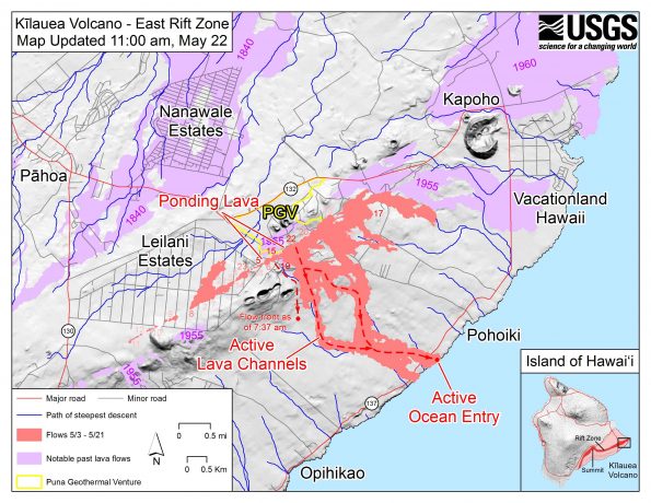 Map as of 11:00 a.m. HST, May 22. The flow field has not expanded significantly during the past day because most of erupted lava moved southward through the active lava channels and into the ocean. Note a new lava flow that was observed during this morning's overflight west of the active channels (see label). There was a single ocean entry this morning. Shaded purple areas indicate lava flows erupted in 1840, 1955, 1960, and 2014-2015.
