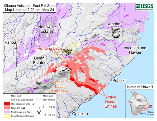 Map as of 2:20 p.m. HST, May 24. Shaded purple areas indicate lava flows erupted in 1840, 1955, 1960, and 2014-2015.