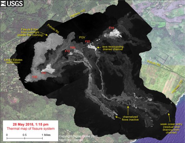 This thermal map shows the fissure system and lava flows as of 1:15 pm on Monday, May 28. The flow from Fissure 8 that reached Pohoiki Rd. this morning stalled, though activity restarted at Fissure 8 in the afternoon shortly after this map was made. The channelized flows that had reached the ocean were inactive today - a small amount of residual lava was draining from the abandoned eastern channel into the ocean, creating a weak ocean entry plume. Fissure 22 restarted today with lava starting to reoccupy the drained channel. The black and white area is the extent of the thermal map. Temperature in the thermal image is displayed as gray-scale values, with the brightest pixels indicating the hottest areas. The thermal map was constructed by stitching many overlapping oblique thermal images collected by a handheld thermal camera during a helicopter overflight of the flow field. The base is a copyrighted color satellite image (used with permission) provided by Digital Globe.