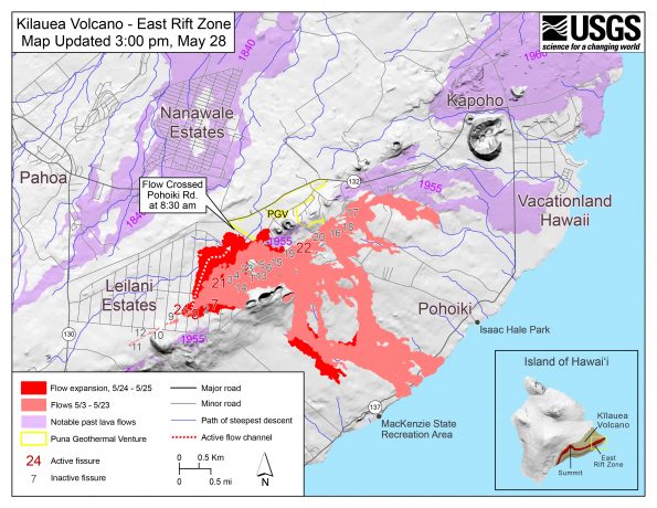 Map as of 3:00 p.m. HST, May 28, 2018. Shaded purple areas indicate lava flows erupted in 1840, 1955, 1960, and 2014-2015.
