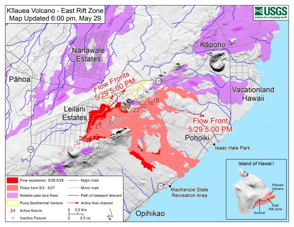 Map as of 6:00 p.m. HST, May 29, 2018. Given the dynamic nature of Kīlauea's lower East Rift Zone eruption, with changing vent locations, fissures starting and stopping, and varying rates of lava effusion, map details shown here are accurate as of the date/time noted—and could have changed rapidly since that time. Shaded purple areas indicate lava flows erupted in 1840, 1955, 1960, and 2014-2015.