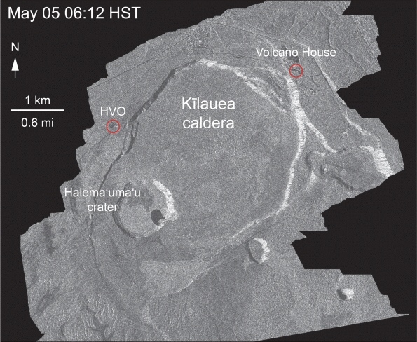 This animated GIF shows a sequence of radar amplitude images that were acquired by the Italian Space Agency's Cosmo-SkyMed satellite system. The series shows changes to the caldera area of Kīlauea Volcano that occurred over May 5 at 6:12 a.m. HST, May 17 at 6:12 a.m. HST, May 21 at 6:12 a.m. HST, and May 29 at 6:12 a.m. HST. The satellite transmits a radar signal at the surface and measures the strength of the return, with bright areas indicating a strong return and dark areas a weak return. Strong returns indicate rough surfaces or slopes that point back at the radar, while weak returns come from smooth surfaces or slopes angled away from the radar. The May 5 image was acquired before any small explosions occurred from the summit. The May 17, 21, and 29 images show changes to the summit area after the onset of small explosions and ash emissions. Major changes over time include: (1) a darkening of the terrain south of Halema‘uma‘u, which reflects accumulation of ash; (2) enlargement of the summit eruptive vent on the floor of Halema‘uma‘u. The apparent slumping of the east rim of Halema‘uma‘u is not actual motion of the ground, but is an effect of the radar viewing angle, which is from the side instead of being straight down.