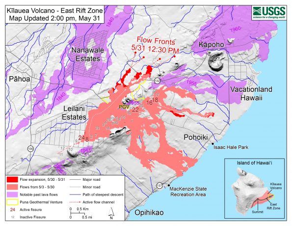Map as of 2:00 p.m. HST, May 31, 2018. Given the dynamic nature of Kīlauea's lower East Rift Zone eruption, with changing vent locations, fissures starting and stopping, and varying rates of lava effusion, map details shown here are accurate as of the date/time noted. Shaded purple areas indicate lava flows erupted in 1840, 1955, 1960, and 2014-2015.