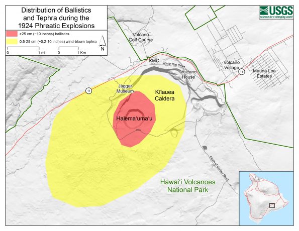 To help us understand what could happen at Kīlauea Volcano’s summit, we look to past similar events, but this does not mean that future events will be exactly the same. This map shows the distribution of ballistics and tephra from the 1924 phreatic (steam-driven) explosions. Ballistics (blocks of rock) greater than 10 inches in size, with some weighing up to several tons, landed in the shaded pink area. Marble- to pea-sized rocks (about 0.2–10 inches in size) landed in the yellow shaded area. The surrounding light-colored area was subjected to gritty to fine ashfall, with fallout locations influenced by wind direction at the time of the explosions. The 1924 phreatic explosions are described at: https://volcanoes.usgs.gov/volcanoes/kilauea/geo_hist_1924_halemaumau.html. USGS map.