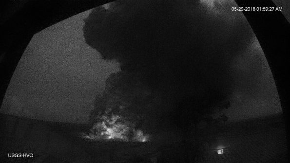 Panorama of Halemaʻumaʻu Overlook Vent Wide Angle from HVO Observation Tower at 1:59 a.m. Tuesday, May 29, 2018. An ash eruption occurred sending plumes of ash up to 15,000 feet.