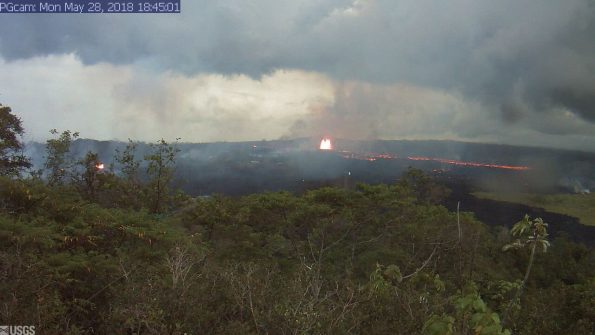 Panorama of Lower East Rift Zone Webcam at 6:45 p.m. Monday, May 28, 2018. Image courtesy of the U.S. Geological Survey.