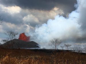 LERZ Fissure 8 on June 5, 2018 - The sun is behind the observer taking this photo, making the plume appear bluish due to sunlight scattering by tiny sulfate aerosols. The gas plume is against a very dark cloud background, so that no backlighting is affecting the plume view. Photo credit: Allan Lerner, USGS Volunteer