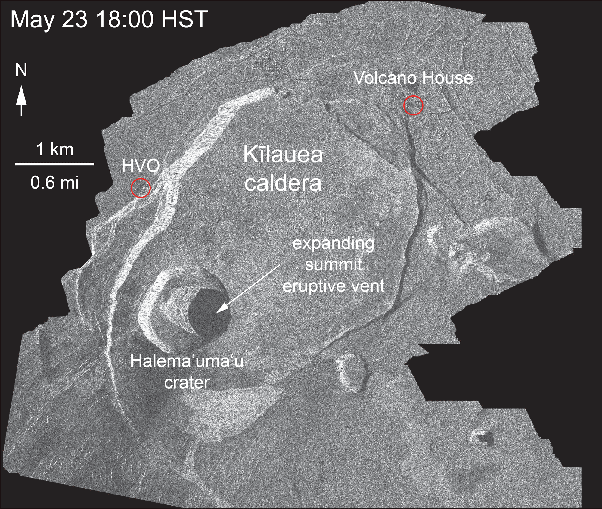 This animated GIF shows a pair of radar amplitude images that were acquired by the Italian Space Agency's Cosmo-SkyMed satellite system. The images illustrate changes to the caldera area of Kīlauea Volcano that occurred between May 23 at 6:00 p.m. HST and May 31 at 6:00 p.m. HST. The satellite transmits a radar signal at the surface and measures the strength of the return, with bright areas indicating a strong return and dark areas a weak return. Strong returns indicate rough surfaces or slopes that point back at the radar, while weak returns come from smooth surfaces or slopes angled away from the radar. The expansion of the summit eruptive vent within Halema‘uma‘u crater is clear, but differences between the images also indicate widening of Halema‘uma‘u itself, especially along the crater's southeast edge. These changes are a consequence of rockfall into the growing summit eruptive vent, which is floored by rubble.