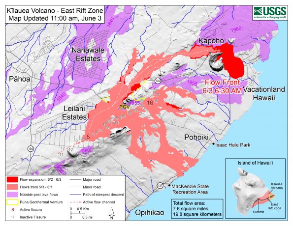 Map as of 11:00 a.m. HST, June 3, 2018. Given the dynamic nature of Kīlauea's lower East Rift Zone eruption, with changing vent locations, fissures starting and stopping, and varying rates of lava effusion, map details shown here are accurate as of the date/time noted. Shaded purple areas indicate lava flows erupted in 1840, 1955, 1960, and 2014-2015.