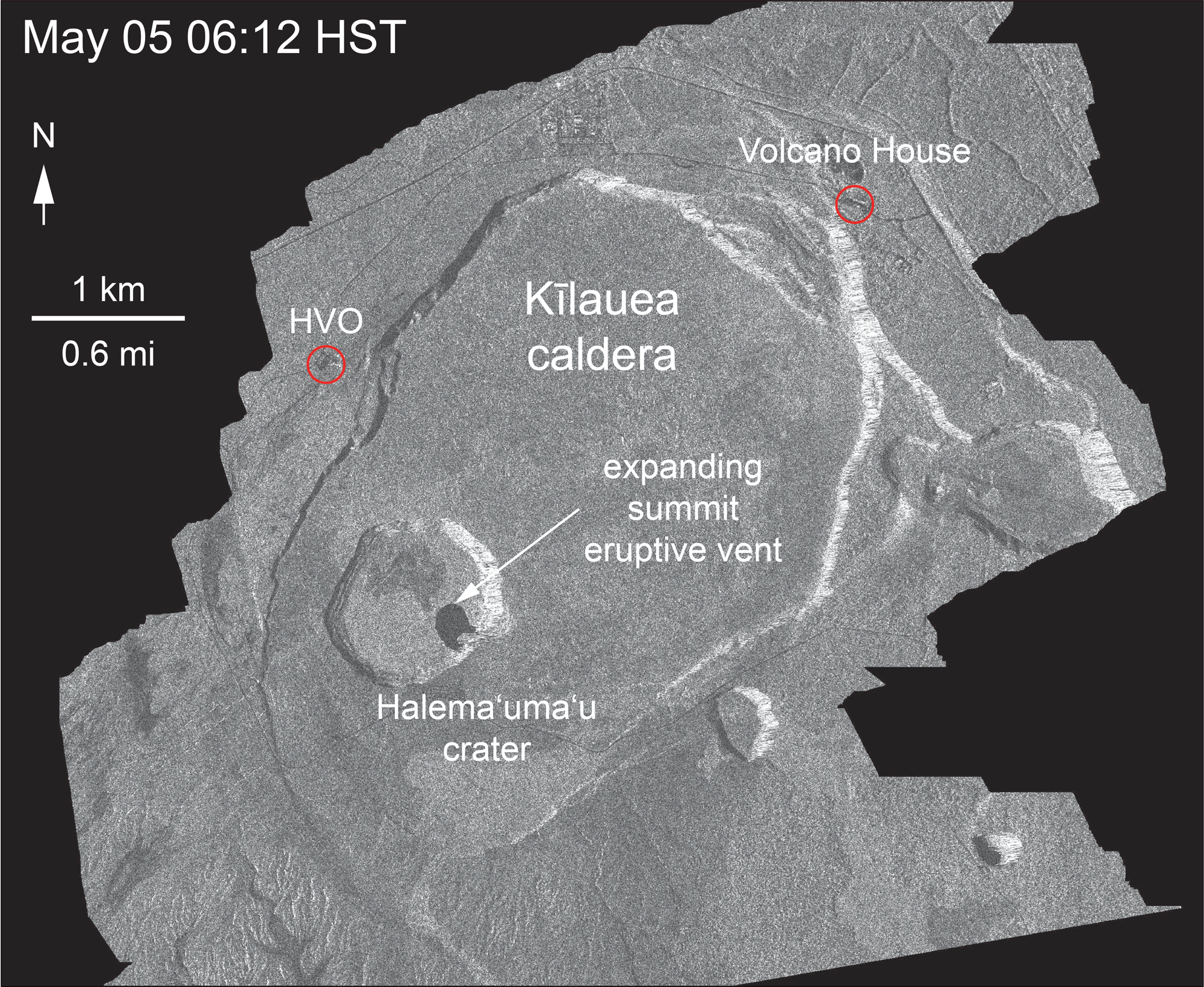 This animated GIF shows a sequence of radar amplitude images that were acquired by the Italian Space Agency's Cosmo-SkyMed satellite system. The images illustrate changes to the caldera area of Kīlauea Volcano that occurred between May 5 and June 2 at 6:00 p.m. HST. The satellite transmits a radar signal at the surface and measures the strength of the return, with bright areas indicating a strong return and dark areas a weak return. Strong returns indicate rough surfaces or slopes that point back at the radar, while weak returns come from smooth surfaces or slopes angled away from the radar. Over time, expansion of the summit eruptive vent within Halema‘uma‘u crater and the widening of Halema‘uma‘u itself are clear. The last image in the sequence, from June 2, shows the development of several cracks outside Halema‘uma‘u (previously seen in UAS footage of the crater) and inward slumping of a large portion of the western crater rim. The west side of Halema‘uma‘u is clearly unstable, and it is possible that rockfalls and continued slumping will occur in the future.