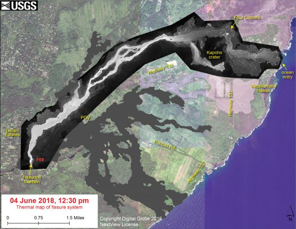 This thermal map shows the fissure system and lava flows as of 12:30 pm on Monday, June 4 The flow from Fissure 8 remains active, with the flow front entering the ocean in Kapoho Bay over the past day. The black and white area is the extent of the thermal map. Temperature in the thermal image is displayed as gray-scale values, with the brightest pixels indicating the hottest areas. The thermal map was constructed by stitching many overlapping oblique thermal images collected by a handheld thermal camera during a helicopter overflight of the flow field. The base is a copyrighted color satellite image (used with permission) provided by Digital Globe.