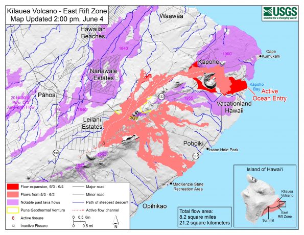 Map as of 2:00 p.m. HST, June 4, 2018. Given the dynamic nature of Kīlauea's lower East Rift Zone eruption, with changing vent locations, fissures starting and stopping, and varying rates of lava effusion, map details shown here are accurate as of the date/time noted. Shaded purple areas indicate lava flows erupted in 1840, 1955, 1960, and 2014-2015.