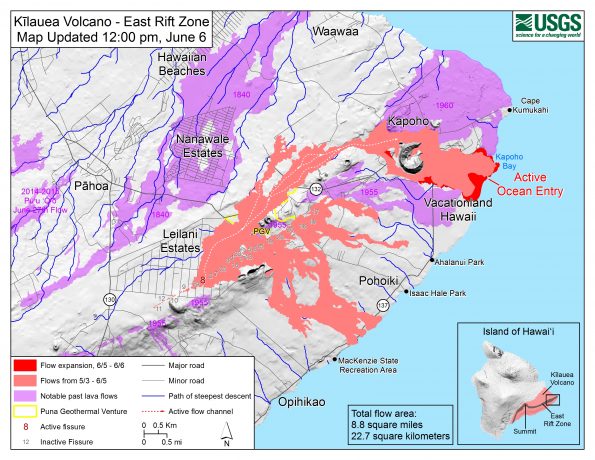 Map as of 12:00 p.m. (noon) HST, June 6, 2018. Given the dynamic nature of Kīlauea's lower East Rift Zone eruption, with changing vent locations, fissures starting and stopping, and varying rates of lava effusion, map details shown here are accurate as of the date/time noted. Shaded purple areas indicate lava flows erupted in 1840, 1955, 1960, and 2014-2015.