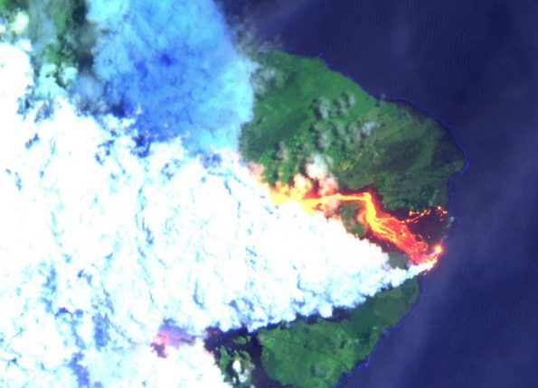 Image captured at 11 a.m. Wednesday, June 6, 2018 of the Kilauea Eruption Lower East Rift Zone via the Sentinel-2 Earth-observing satellite from the Copernicus Programme of the European Commission in partnership with the European Space Agency (ESA).