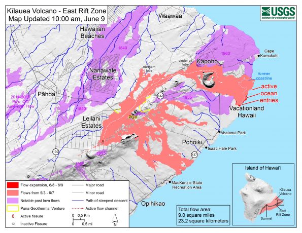 Map as of 10:00 a.m. HST, June 9, 2018. The fissure 8 flow has created a lava delta approximately 200 acres in size, filling Kapoho Bay and shallow reefs along the nearby coastline. Given the dynamic nature of Kīlauea's lower East Rift Zone eruption, with changing vent locations, fissures starting and stopping, and varying rates of lava effusion, map details shown here are accurate as of the date/time noted. Shaded purple areas indicate lava flows erupted in 1840, 1955, 1960, and 2014-2015.