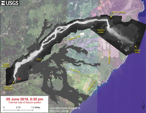 This thermal map shows the fissure system and lava flows as of 5:30 pm on Saturday, June 9. The flow from Fissure 8 remains active, with the flow entering the ocean at Kapoho. The black and white area is the extent of the thermal map. Temperature in the thermal image is displayed as gray-scale values, with the brightest pixels indicating the hottest areas. The thermal map was constructed by stitching many overlapping oblique thermal images collected by a handheld thermal camera during a helicopter overflight of the flow field. The base is a copyrighted color satellite image (used with permission) provided by Digital Globe.