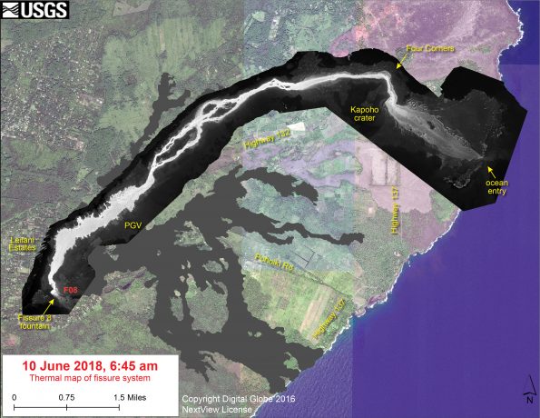 This thermal map shows the fissure system and lava flows as of 6:45 am on Sunday, June 10. The flow from Fissure 8 remains active, with the flow entering the ocean at Kapoho. The black and white area is the extent of the thermal map. Temperature in the thermal image is displayed as gray-scale values, with the brightest pixels indicating the hottest areas. The thermal map was constructed by stitching many overlapping oblique thermal images collected by a handheld thermal camera during a helicopter overflight of the flow field. The base is a copyrighted color satellite image (used with permission) provided by Digital Globe.