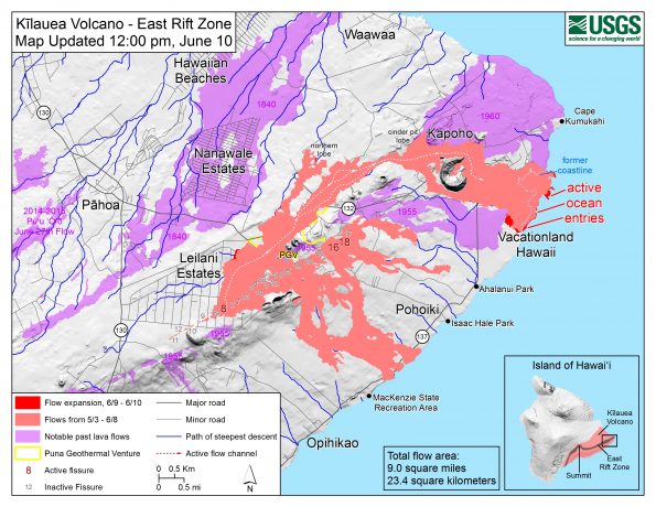 Map as of 12:00 p.m. (noon) HST, June 10, 2018. Given the dynamic nature of Kīlauea's lower East Rift Zone eruption, with changing vent locations, fissures starting and stopping, and varying rates of lava effusion, map details shown here are accurate as of the date/time noted. Shaded purple areas indicate lava flows erupted in 1840, 1955, 1960, and 2014-2015.