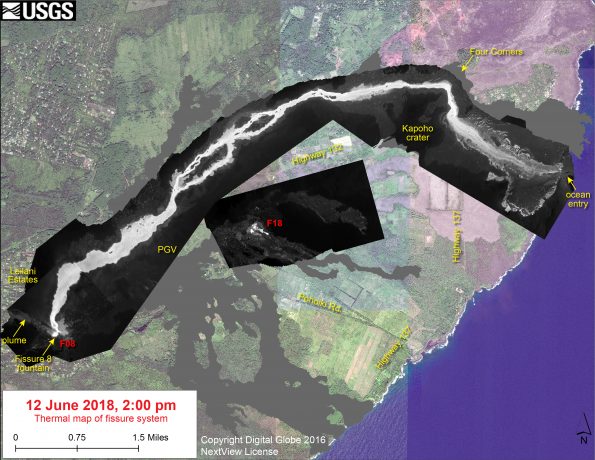 This thermal map shows the fissure system and lava flows as of 2 pm on Tuesday, June 12. The fountain at Fissure 8 remains active, with the lava flow entering the ocean at Kapoho. Very small, weak lava flows have been active recently near the Fissure 18 area. The black and white area is the extent of the thermal map. Temperature in the thermal image is displayed as gray-scale values, with the brightest pixels indicating the hottest areas. The thermal map was constructed by stitching many overlapping oblique thermal images collected by a handheld thermal camera during a helicopter overflight of the flow field. The base is a copyrighted color satellite image (used with permission) provided by Digital Globe.