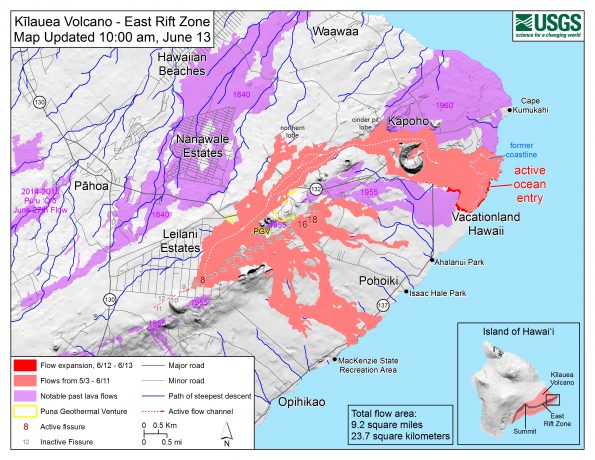 Map as of 10:00 a.m. HST, June 13, 2018. Given the dynamic nature of Kīlauea's lower East Rift Zone eruption, with changing vent locations, fissures starting and stopping, and varying rates of lava effusion, map details shown here are accurate as of the date/time noted. Shaded purple areas indicate lava flows erupted in 1840, 1955, 1960, and 2014-2015.