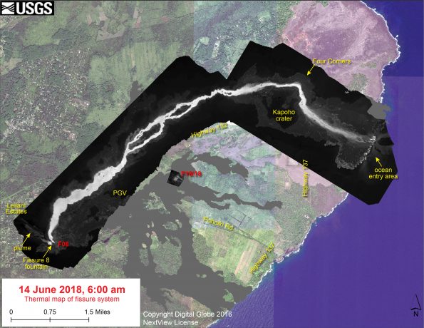 This thermal map shows the fissure system and lava flows as of 6 am on Thursday June 14. The fountain at Fissure 8 remains active, with the lava flow entering the ocean at Kapoho. Very small, weak lava flows have been active recently near the Fissure 16/18 area. The black and white area is the extent of the thermal map. Temperature in the thermal image is displayed as gray-scale values, with the brightest pixels indicating the hottest areas. The thermal map was constructed by stitching many overlapping oblique thermal images collected by a handheld thermal camera during a helicopter overflight of the flow field. The base is a copyrighted color satellite image (used with permission) provided by Digital Globe.