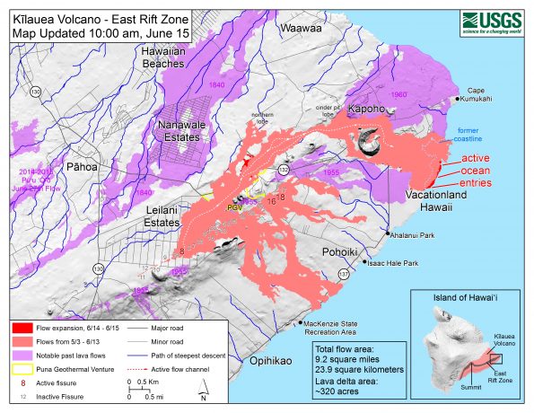 Map as of 10:00 a.m. HST, June 15, 2018. Given the dynamic nature of Kīlauea's lower East Rift Zone eruption, with changing vent locations, fissures starting and stopping, and varying rates of lava effusion, map details shown here are accurate as of the date/time noted. Shaded purple areas indicate lava flows erupted in 1840, 1955, 1960, and 2014-2015.