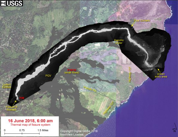 This thermal map shows the fissure system and lava flows as of 6 am on Saturday, June 16. The fountain at Fissure 8 remains active, with the lava flow entering the ocean at Kapoho. Very small, weak lava flows have been active recently near the Fissure 16/18 area. The black and white area is the extent of the thermal map. Temperature in the thermal image is displayed as gray-scale values, with the brightest pixels indicating the hottest areas. The thermal map was constructed by stitching many overlapping oblique thermal images collected by a handheld thermal camera during a helicopter overflight of the flow field. The base is a copyrighted color satellite image (used with permission) provided by Digital Globe.