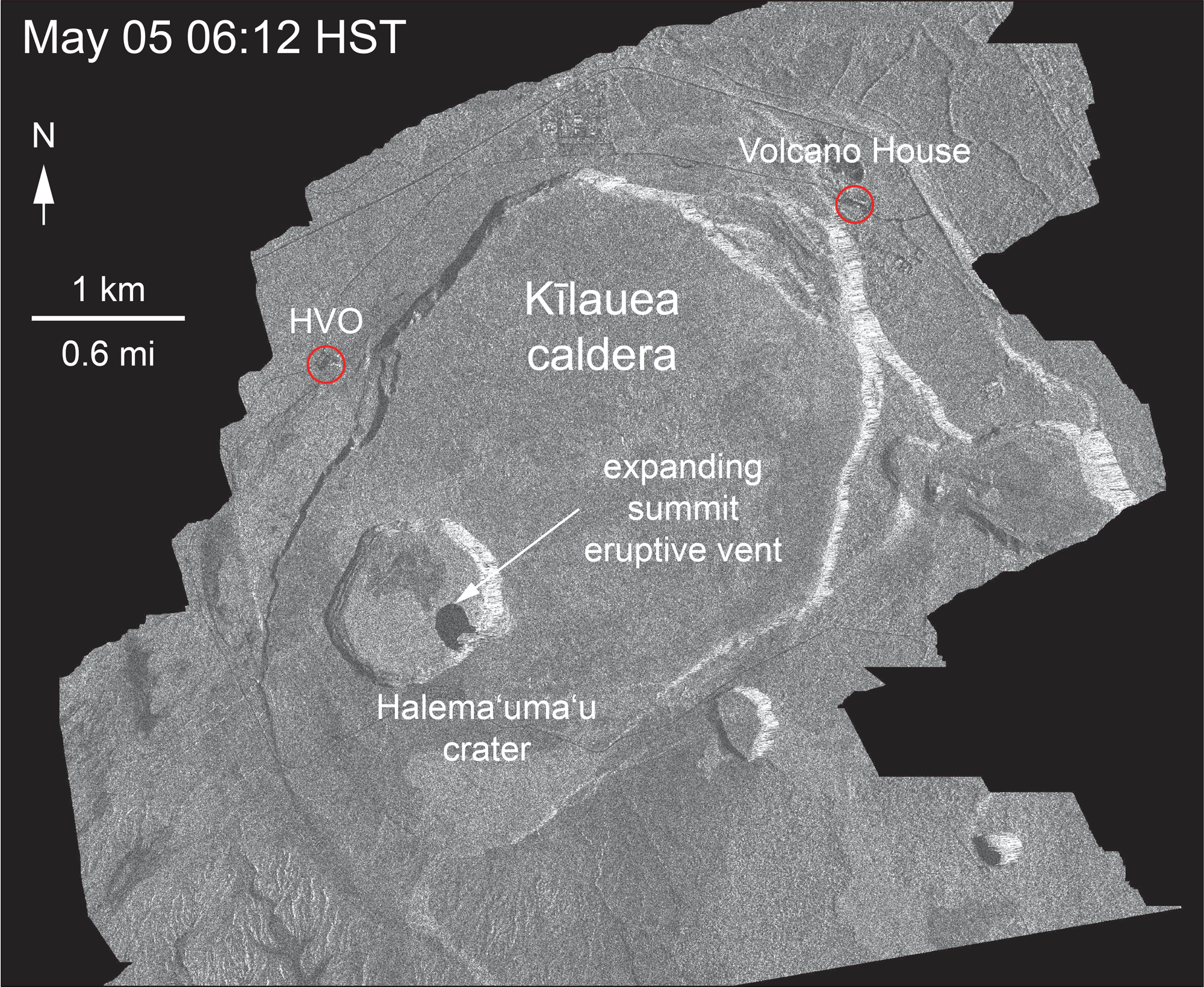 This animated GIF shows a sequence of radar amplitude images that were acquired by the Agenzia Spaziale Italiana CosmoSkyMed satellite system. The images illustrate changes to the caldera area of Kīlauea Volcano that occurred between May 5 and June 18 at about 6:00 a.m. HST. The satellite transmits a radar signal at the surface and measures the strength of the return, with bright areas indicating a strong return and dark areas a weak return. Strong returns indicate rough surfaces or slopes that point back at the radar, while weak returns come from smooth surfaces or slopes angled away from the radar. Over time, expansion of the summit eruptive vent within Halema‘uma‘u crater and the widening of Halema‘uma‘u itself are clear. The last five images in the sequence, from May 29-June 18, show the development of several cracks outside Halema‘uma‘u (also seen in recent UAS footage of the crater) and inward slumping of a large portion of the western, southwestern, and northern crater rim. Much of this motion appears to be coincident with the small explosions from the summit that have taken place on a near daily basis over the past 3 weeks. We expect this slumping to continue as long as the explosions and overall subsidence persist.