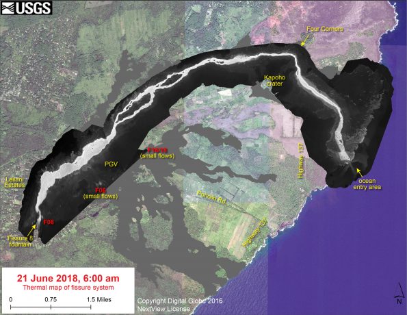 This thermal map shows the fissure system and lava flows as of 6 am on Thursday, June 21. The fountain at Fissure 8 remains active, with the lava flow entering the ocean at Kapoho. Very small, short flows have been active near the Fissure 6 and Fissure 16/18 area. The black and white area is the extent of the thermal map. Temperature in the thermal image is displayed as gray-scale values, with the brightest pixels indicating the hottest areas. The thermal map was constructed by stitching many overlapping oblique thermal images collected by a handheld thermal camera during a helicopter overflight of the flow field. The base is a copyrighted color satellite image (used with permission) provided by Digital Globe.