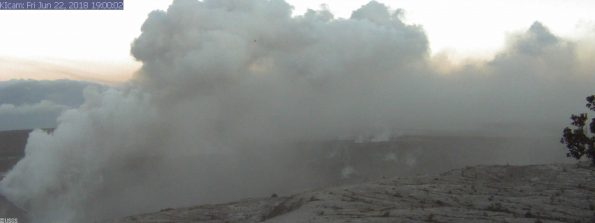 This image is from a research camera mounted in the observation tower at the Hawaiian Volcano Observatory. The camera is looking SSE towards the active vent in Halemaʻumaʻu, 1.9 km (1.2 miles) from the webcam. Webcam image taken Friday, June 22, 2018 courtesy of U.S. Geological Survey