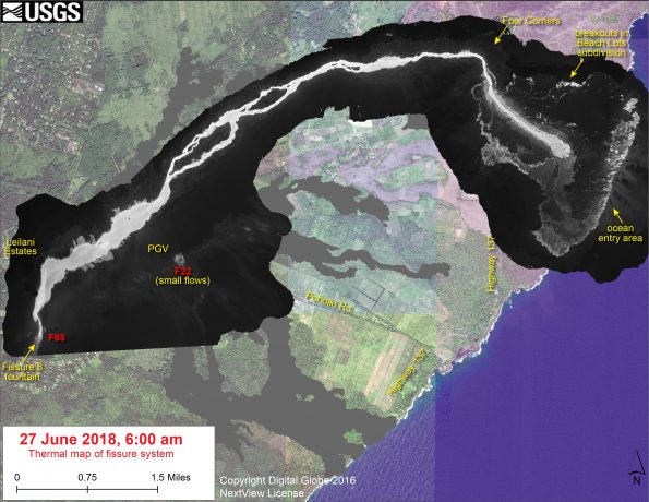 This thermal map shows the fissure system and lava flows as of 6 am on Wednesday, June 27. The fountain at Fissure 8 remains active, with the lava flow entering the ocean at Kapoho. Small breakouts were observed this morning in the area of Kapoho Beach Lots. Very small, short flows were observed today near Fissure 22. The black and white area is the extent of the thermal map. Temperature in the thermal image is displayed as gray-scale values, with the brightest pixels indicating the hottest areas. The thermal map was constructed by stitching many overlapping oblique thermal images collected by a handheld thermal camera during a helicopter overflight of the flow field. The base is a copyrighted color satellite image (used with permission) provided by Digital Globe.