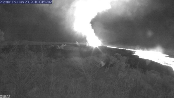 This image is from a temporary research camera positioned near Kapoho looking southwest. From left to right, one can see the eruptive fissures, with Fissure 15 on the far left, and Fissure 8 near the center. Webcam image taken Thursday, June 28, 2018 courtesy of U.S. Geological Survey