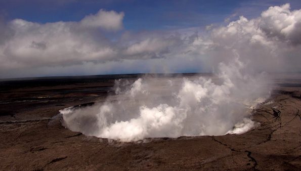 An aerial view of Halema‘uma‘u at the summit of Kīlauea Volcano captured from an Unmanned Aircraft Systems (UAS) overflight video on May 31, 2018. Limited UAS flights into this hazardous area are conducted with permission and coordination with Hawaiʻi Volcanoes National Park to collect visual information on this changing eruption site. Scientists will examine the video footage in detail to understand the evolution of the expanding collapse area and assess hazards at Kīlauea’s summit. Credit: U.S. Department of the Interior, Office of Aviation Services, and the U.S. Geological Survey.