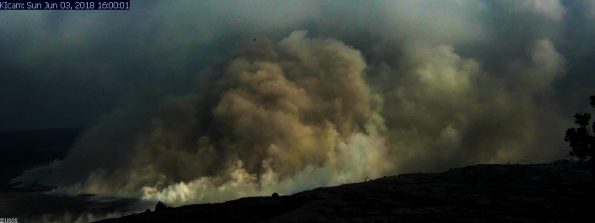An ash plume rises from Halemaumau Crater at 4 p.m. HST Sunday, June 3, 2018. Image via USGS/HVO webcam